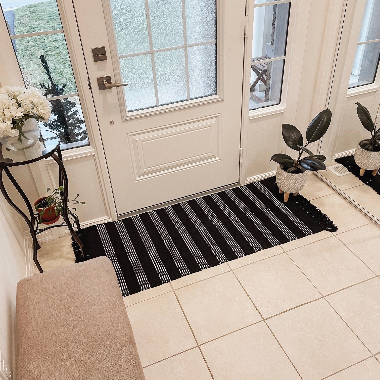 Black with White Striped Layering Rug with Fringe