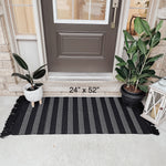 Black with White Striped Layering Rug with Fringe